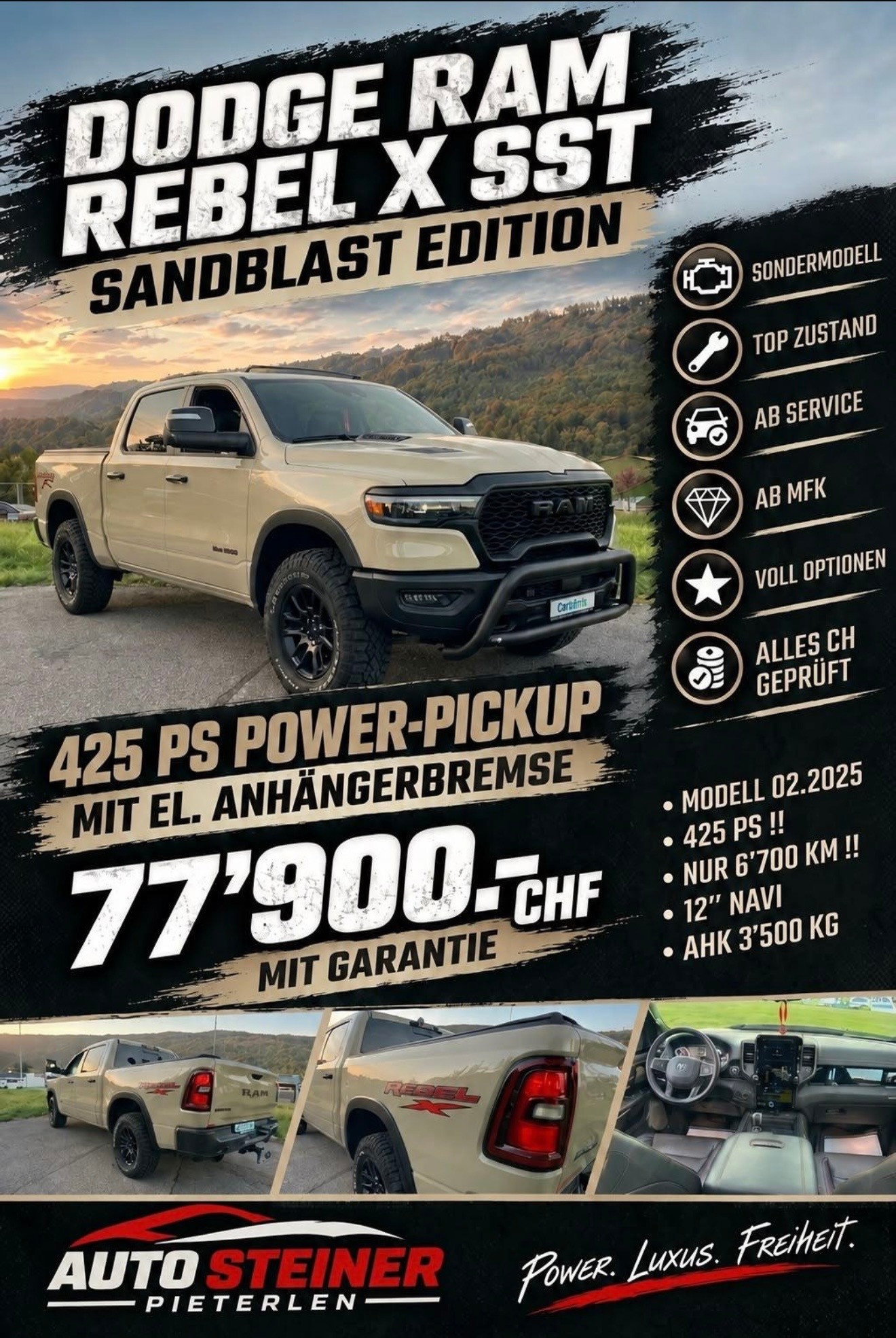 DODGE SST "REBEL X" MIT 425 PS !! KM 6`700 !! AHK 3`500 KG !! VOLL OPTION !! CH GEPRÜFT ALLES EINGETRAGEN !! REBEL X SST !!