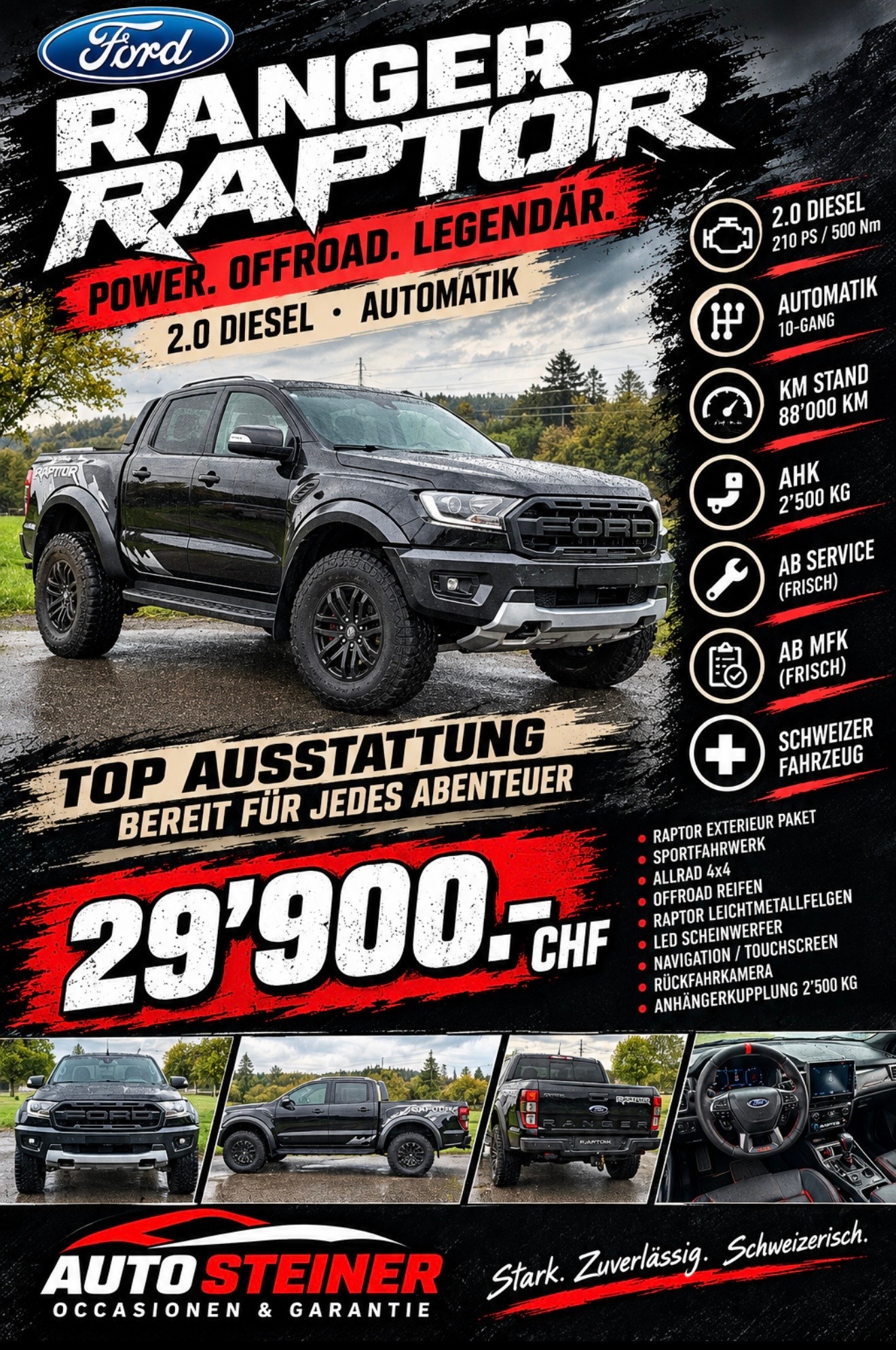 FORD "RAPTOR RANGER" 2.0 ECO BLUE 4x4 AUTOMAT. CH WAGEN. AB SERVICE. AB MFK. MIT AHK 2`500 KG ZUGLAST. TOP AUSSTATTUNG. 29`800.-