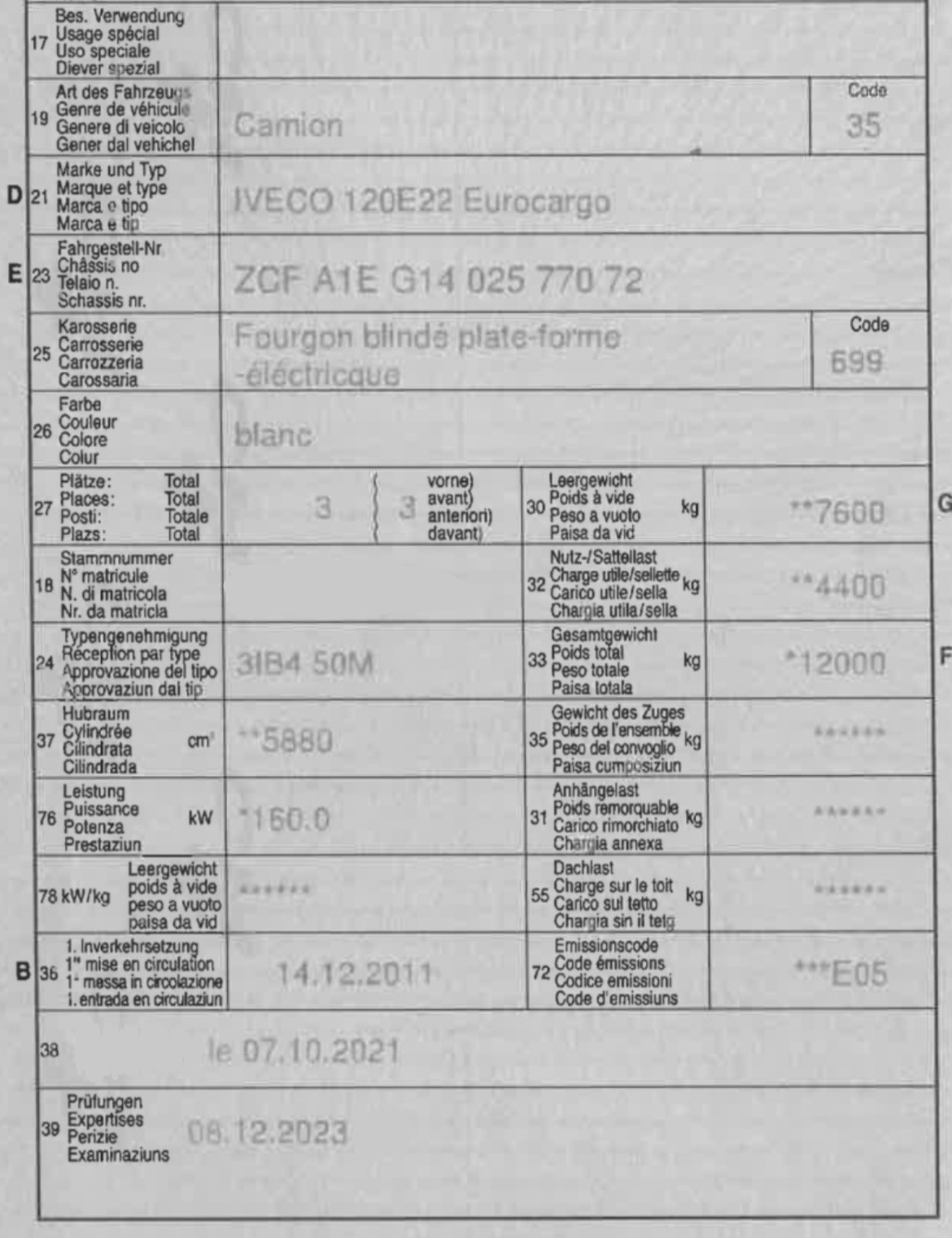 IVECO Eurocargo 120E22 * EURO 5*Véhicule blindée transport de font*Ridelle élévatrice 2'200Kg*-image-4