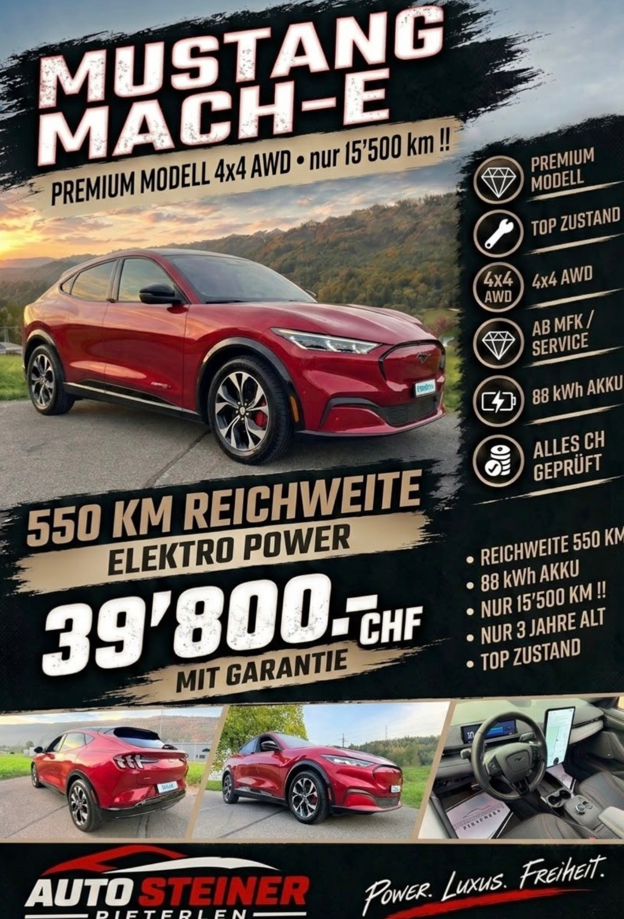 FORD 4X4 !! "MUSTANG MACH-E PREMIUM" MIT 371 PS. AWD 88 kWh. GROSSE BATTERIE !! NUR 15`500 KM !! NEUWERTIG 4X4 !! REICHWEITE 550 KM.-image-0