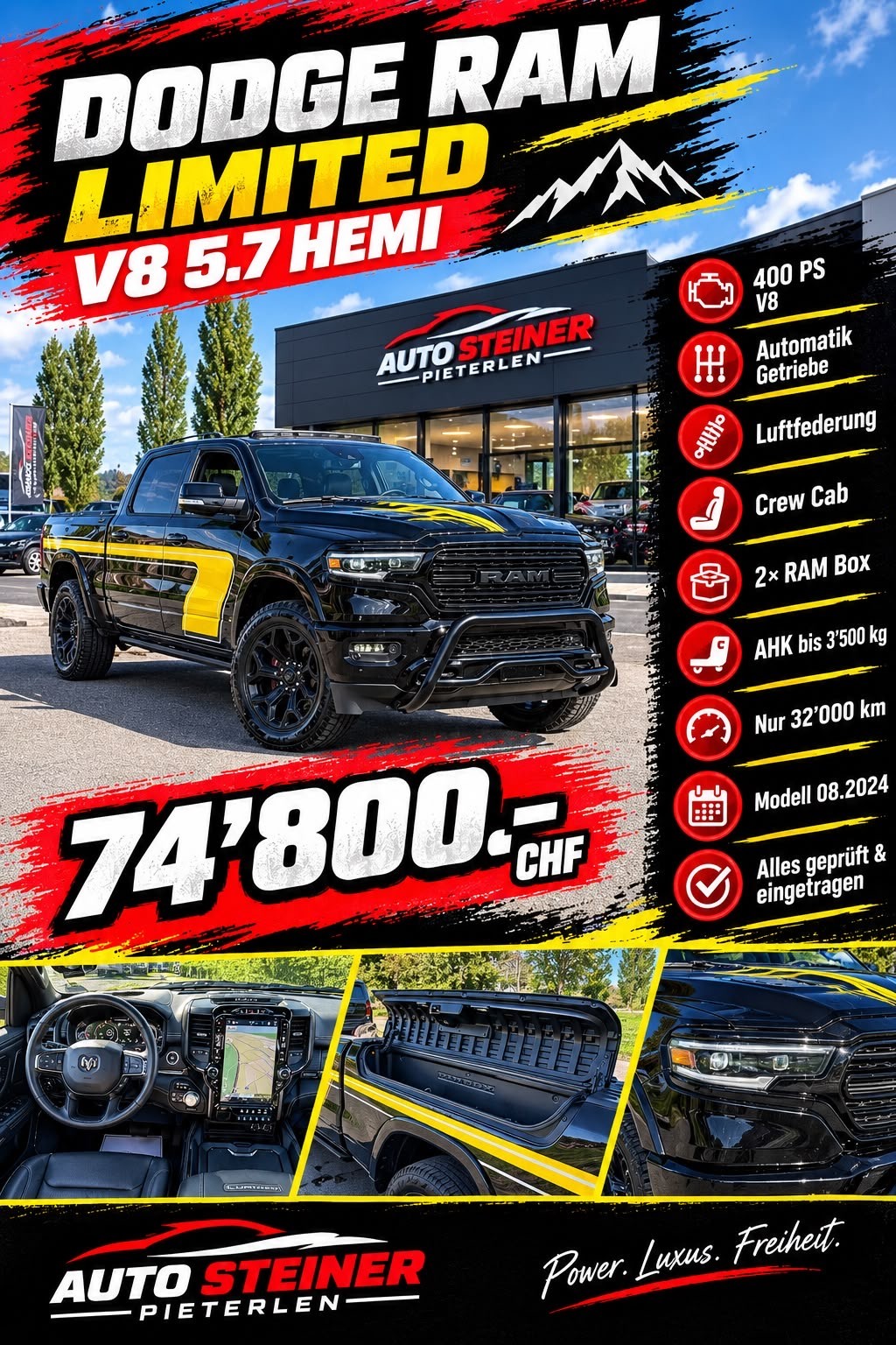 DODGE RAM LIMITED !! V8 5,7 400 PS CREW CAB "NEUSTES MODELL" VOLL OPTIONEN. INKL. LUFTFEDERUNG + AHK 3500 KG. MIT RAM BOX.