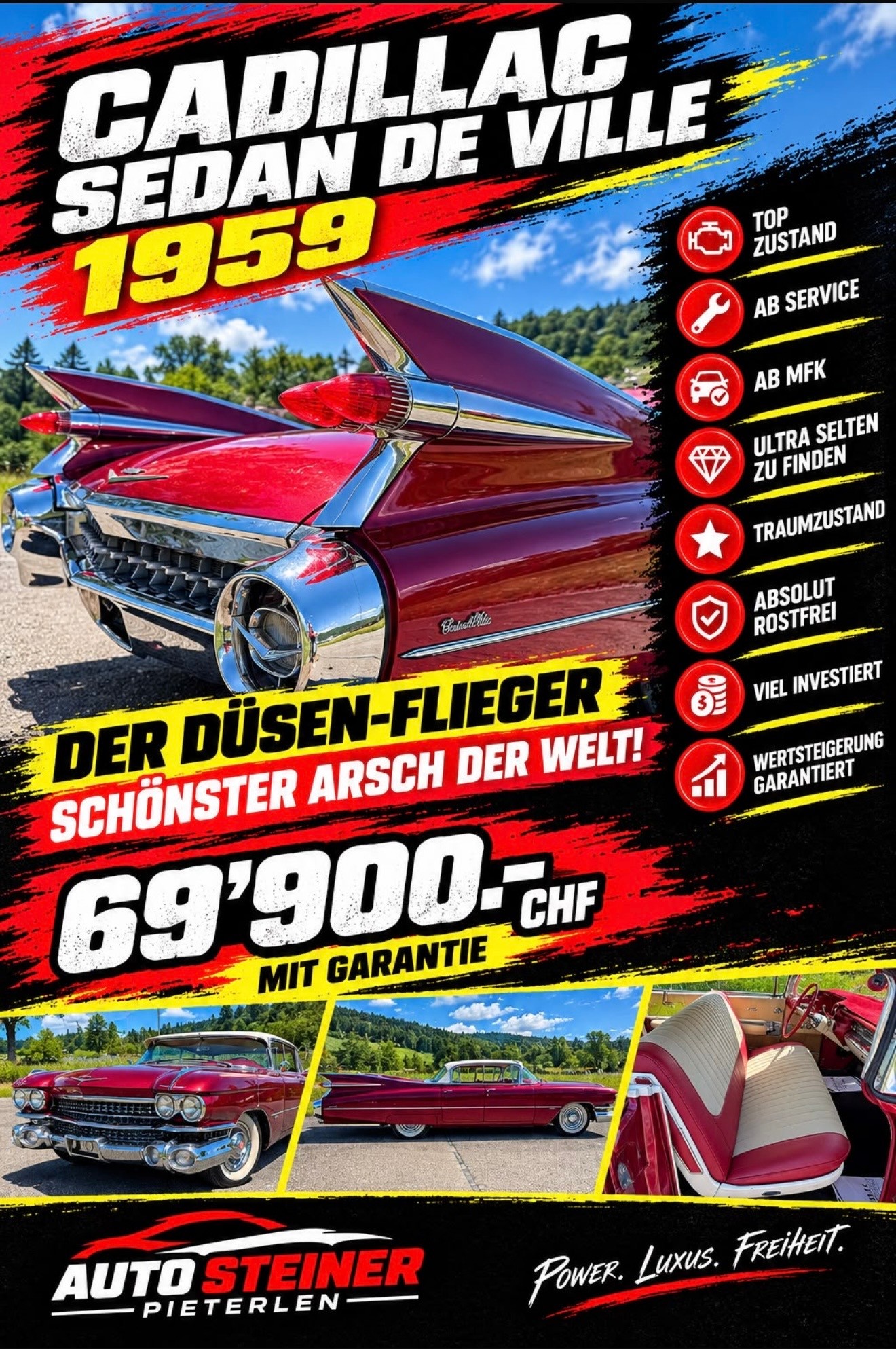CADILLAC CADDY SEDAN DE VILLE !! "1959" GRÖSSTE HECKFLOSSE ALLER ZEITEN !! CH GEPRÜFT. TOP ZUSTAND !! AB MFK AB SERVICE.